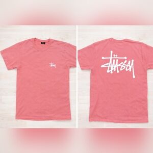 Stussy Coral/Mink Script Graffiti Style Spellout Logo T-Shirt, Medium